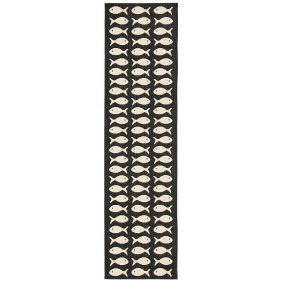 SAFAVIEH Courtyard Tranter Fishes Indoor/Outdoor Runner Rug, Black/Beige, 2'3" x 10'
