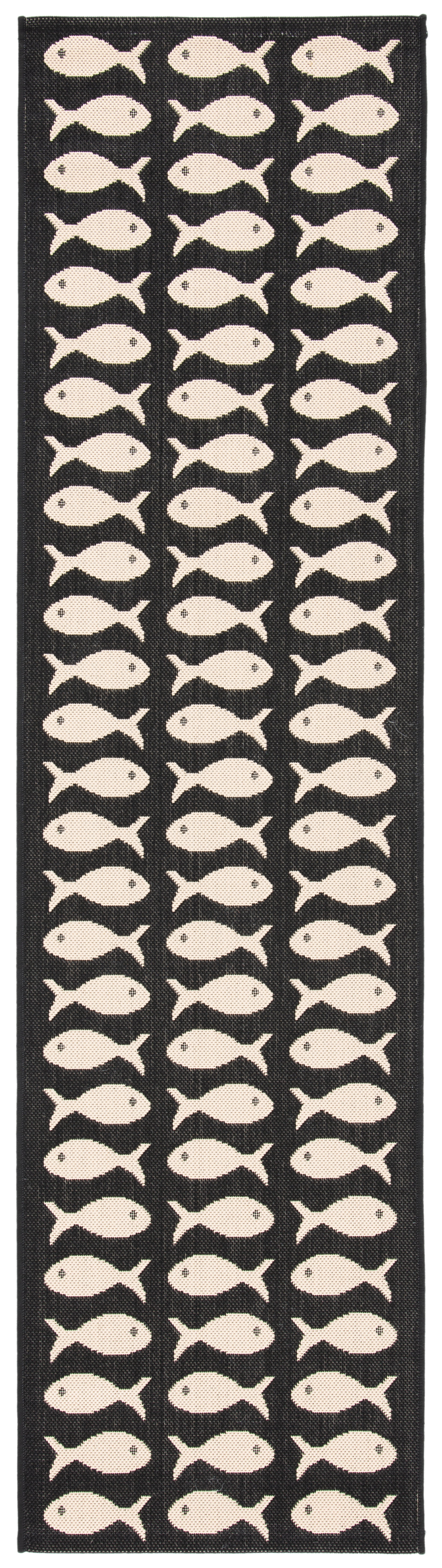 Black and Beige Fish Pattern Synthetic Runner Rug