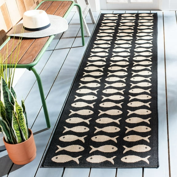 SAFAVIEH Courtyard Tranter Fishes Indoor/Outdoor Runner Rug, Black/Beige, 2'3" x 8'