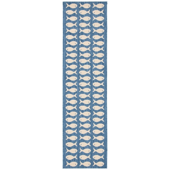 SAFAVIEH Courtyard Tranter Fishes Indoor/Outdoor Runner Rug, Blue/Beige, 2'3" x 8'