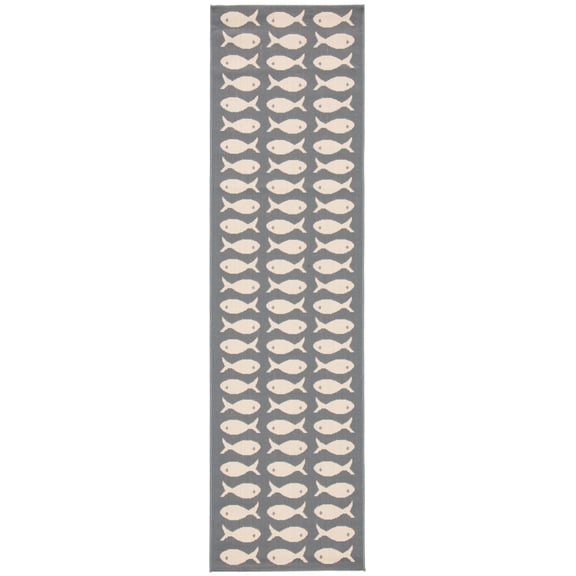SAFAVIEH Courtyard Tranter Fishes Indoor/Outdoor Runner Rug, Grey/Beige, 2'3" x 14'
