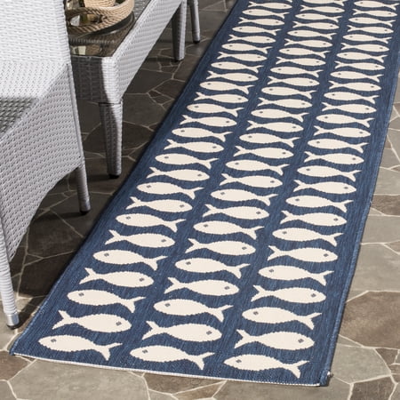 Safavieh Courtyard Tranter Fishes Indoor/Outdoor Runner Rug, Navy/Beige, 2'3" x 14'