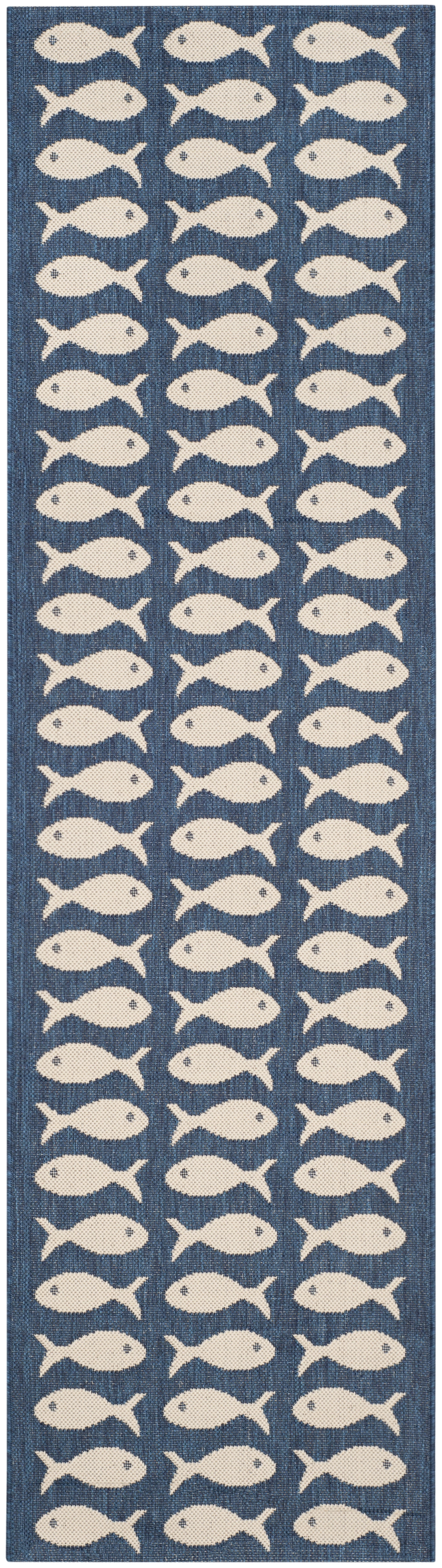 SAFAVIEH Courtyard Tranter Fishes Indoor/Outdoor Runner Rug, Navy/Beige, 2'3" x 16'