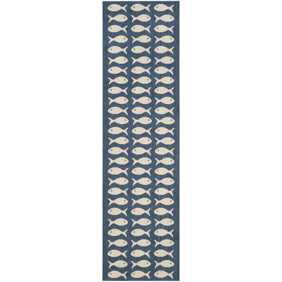 SAFAVIEH Courtyard Tranter Fishes Indoor/Outdoor Runner Rug, Navy/Beige, 2'3" x 8'