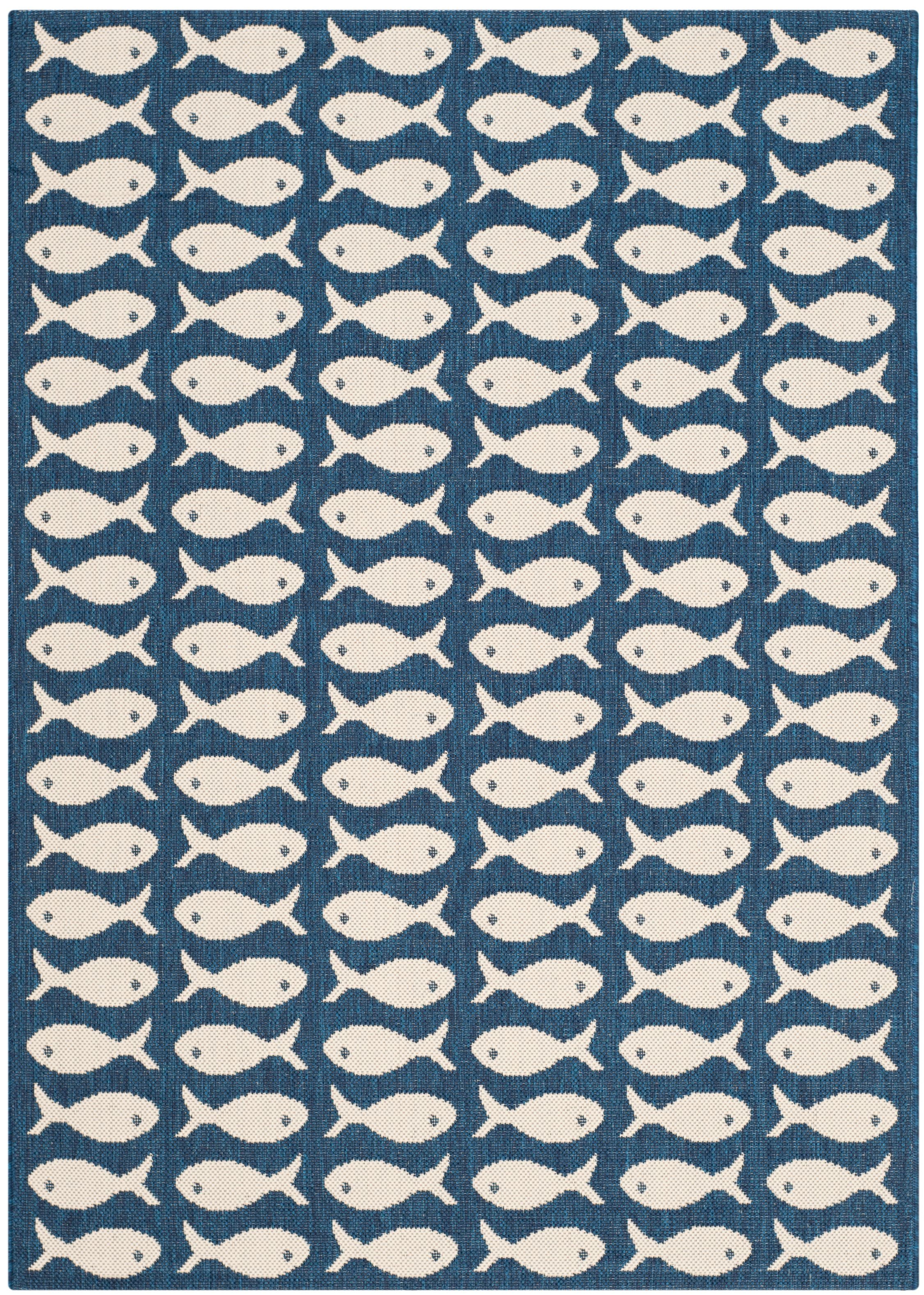 Navy and Beige Fish Pattern Indoor/Outdoor Rug 2'7" x 5'