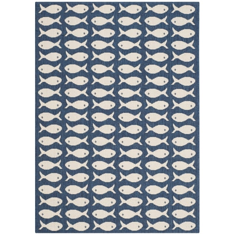 SAFAVIEH Courtyard Tranter Geometric Fish Indoor/Outdoor Area Rug, 2'7" x 5', Navy/Beige