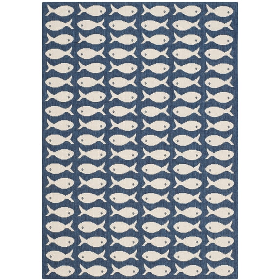 SAFAVIEH Courtyard Tranter Geometric Fish Indoor/Outdoor Area Rug, 2'7" x 5', Navy/Beige