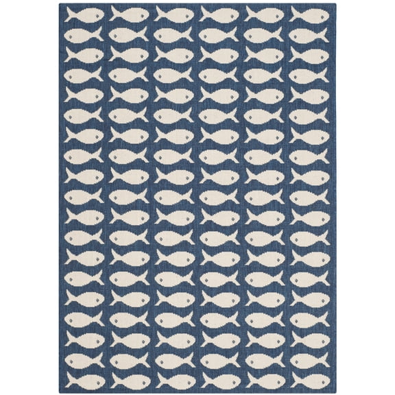 SAFAVIEH Courtyard Tranter Geometric Fish Indoor/Outdoor Area Rug, 2'7" x 5', Navy/Beige