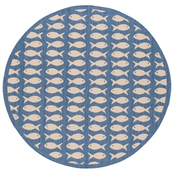 SAFAVIEH Courtyard Tranter Geometric Fish Indoor/Outdoor Area Rug, 6'7" x 6'7" Round, Blue/Beige