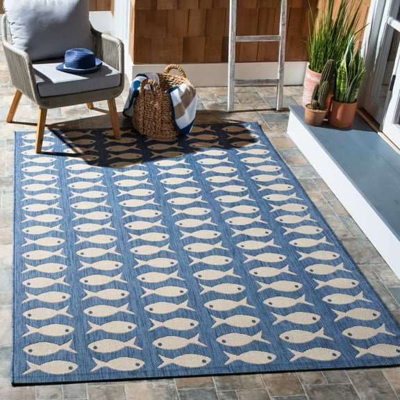 SAFAVIEH Courtyard Tranter Geometric Fish Indoor/Outdoor Area Rug, 6'7" x 9'6", Blue/Beige