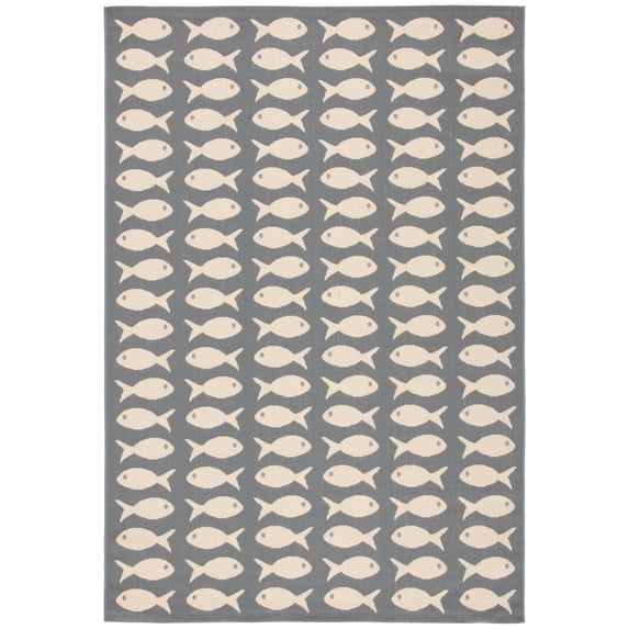 SAFAVIEH Courtyard Tranter Geometric Fish Indoor/Outdoor Area Rug, 6'7" x 9'6", Grey/Beige