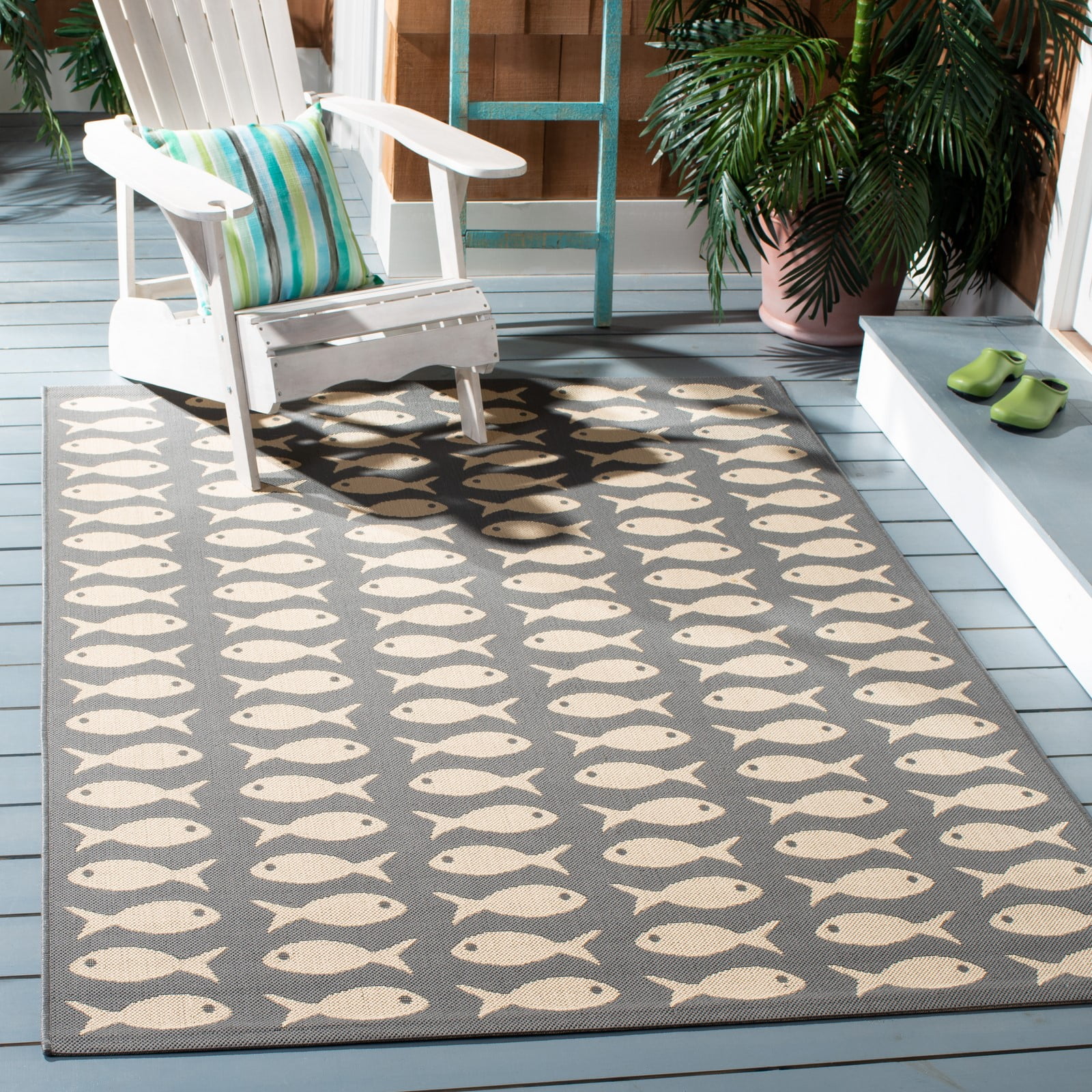 Reversible Rectangular Grey/Beige Synthetic Indoor/Outdoor Rug
