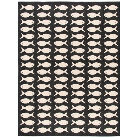 SAFAVIEH Courtyard Tranter Geometric Fish Indoor/Outdoor Area Rug, 9' x 12', Black/Beige