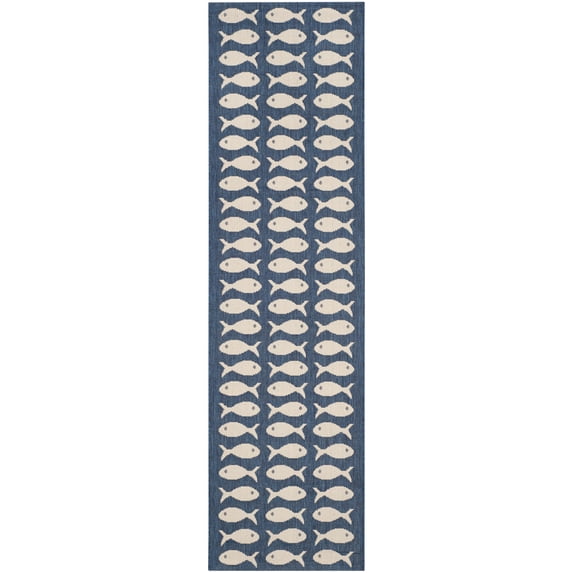 SAFAVIEH Courtyard Tranter Geometric Fish Indoor/Outdoor Runner Rug, 2'3" x 12', Navy/Beige