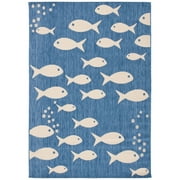 SAFAVIEH Courtyard Trena Fish Print Indoor/Outdoor Area Rug, 4' x 5'7", Blue/Beige