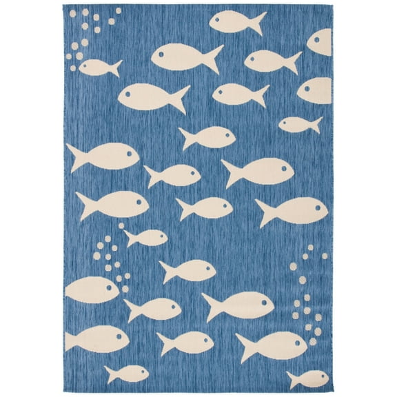SAFAVIEH Courtyard Trena Fish Print Indoor/Outdoor Area Rug, 4' x 5'7", Blue/Beige