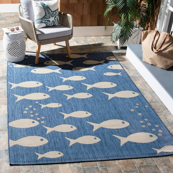 SAFAVIEH Courtyard Trena Fish Print Indoor/Outdoor Area Rug, 9' x 12', Blue/Beige