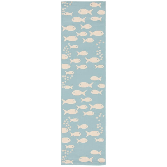 SAFAVIEH Courtyard Trena Fish Print Indoor/Outdoor Runner Rug, 2'3" x 10', Aqua/Beige