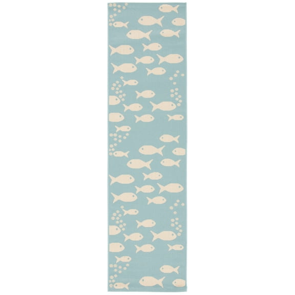 SAFAVIEH Courtyard Trena Fish Print Indoor/Outdoor Runner Rug, 2'3" x 10', Aqua/Beige