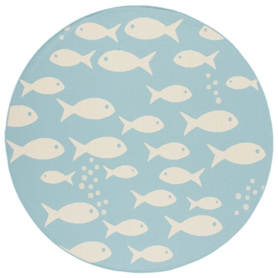 SAFAVIEH Courtyard Trena Fishes Indoor/Outdoor Area Rug, Aqua/Beige, 5'3" x 5'3" Round