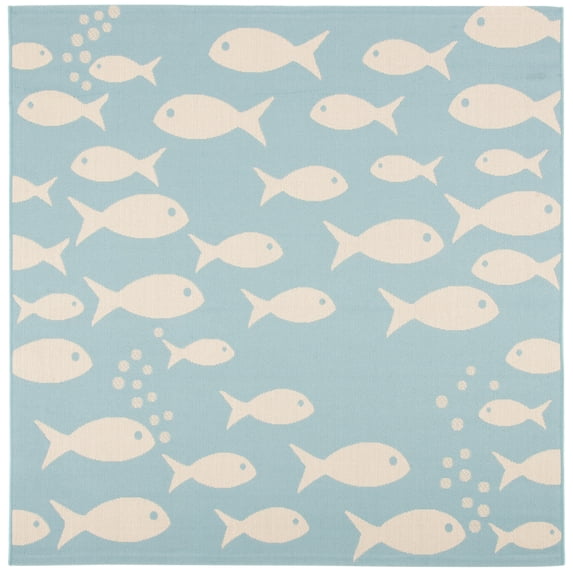 SAFAVIEH Courtyard Trena Fishes Indoor/Outdoor Area Rug, Aqua/Beige, 5'3" x 5'3" Square