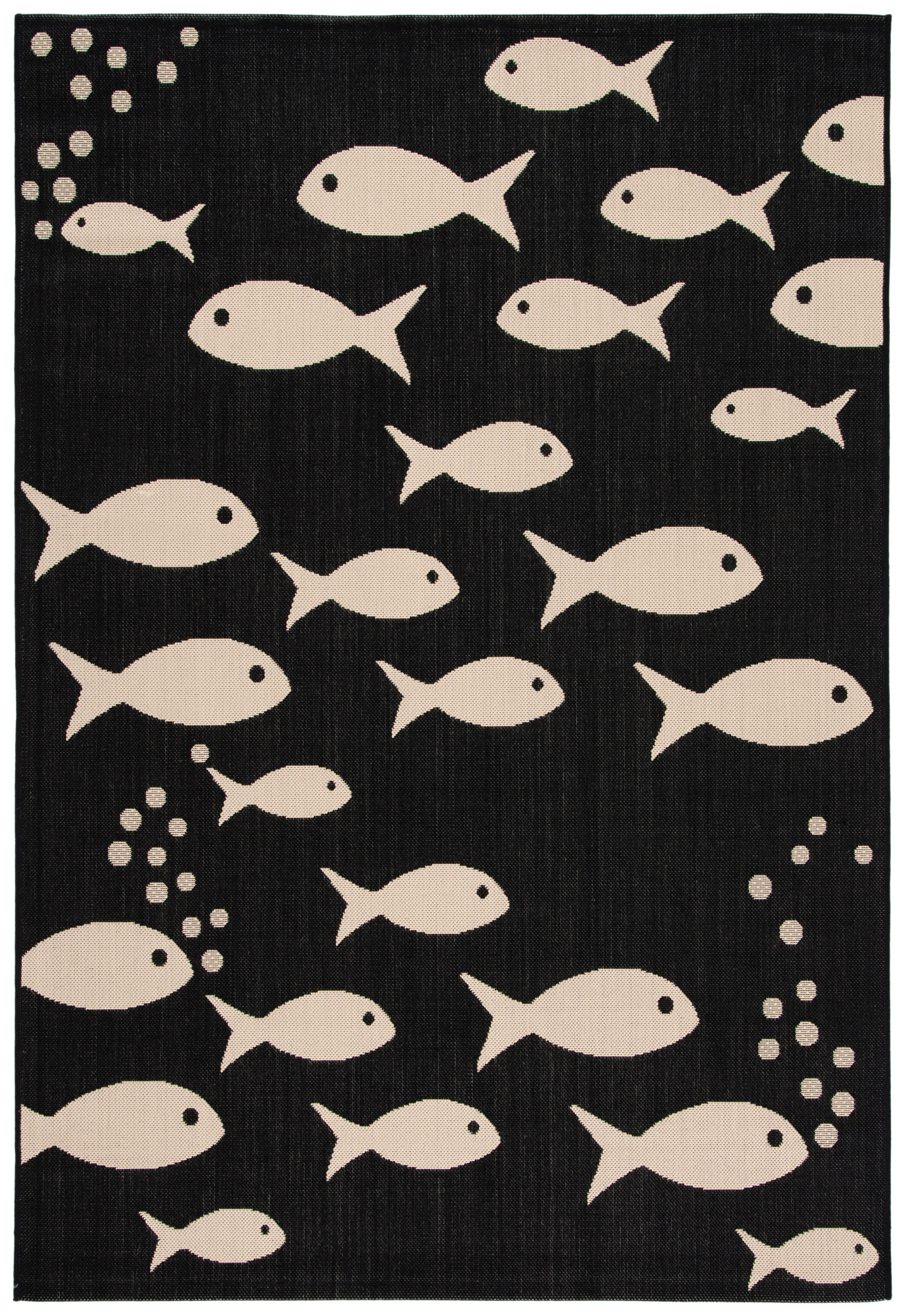 SAFAVIEH Courtyard Trena Fishes Indoor/Outdoor Area Rug, Black/Beige, 4' x 5'7"