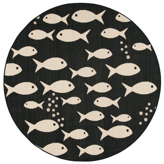 SAFAVIEH Courtyard Trena Fishes Indoor/Outdoor Area Rug, Black/Beige, 6'7" x 6'7" Round