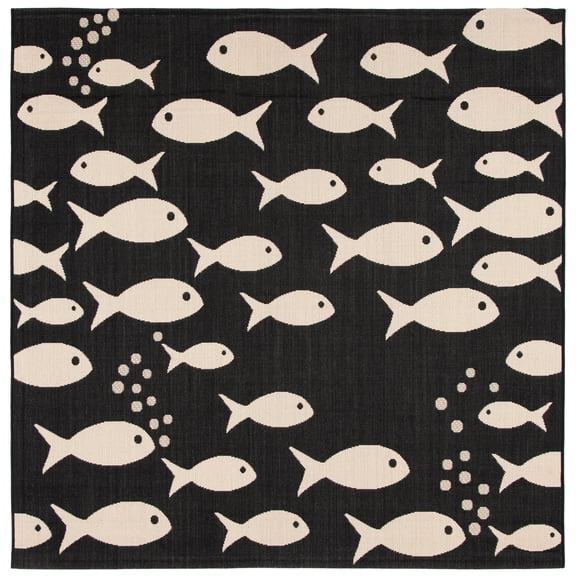 SAFAVIEH Courtyard Trena Fishes Indoor/Outdoor Area Rug, Black/Beige, 7'10" x 7'10" Square