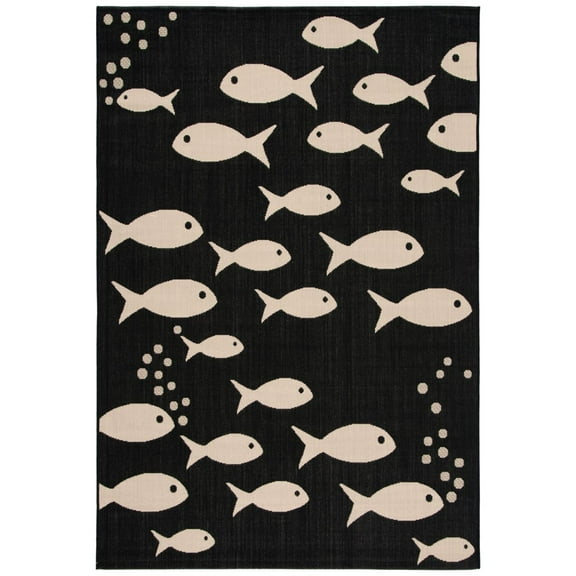 SAFAVIEH Courtyard Trena Fishes Indoor/Outdoor Area Rug, Black/Beige, 7'10" x 7'10" Square