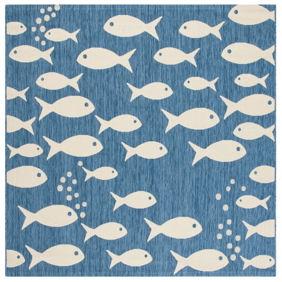 SAFAVIEH Courtyard Trena Fishes Indoor/Outdoor Area Rug, Blue/Beige, 4' x 4' Square