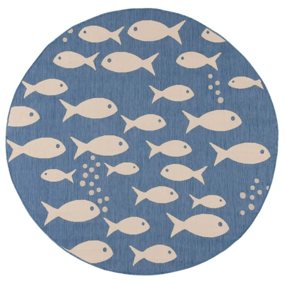 SAFAVIEH Courtyard Trena Fishes Indoor/Outdoor Area Rug, Blue/Beige, 5'3" x 5'3" Round