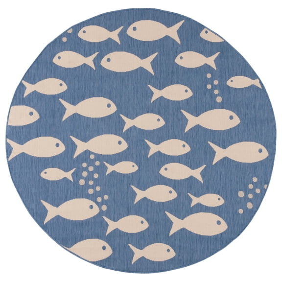 SAFAVIEH Courtyard Trena Fishes Indoor/Outdoor Area Rug, Blue/Beige, 6'7" x 6'7" Round