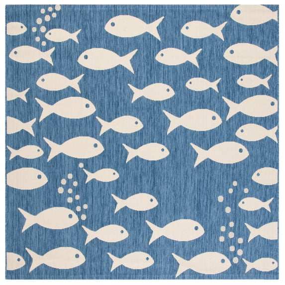 SAFAVIEH Courtyard Trena Fishes Indoor/Outdoor Area Rug, Blue/Beige, 6'7" x 6'7" Square