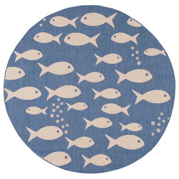 SAFAVIEH Courtyard Trena Fishes Indoor/Outdoor Area Rug, Blue/Beige, 7'10" x 7'10" Round
