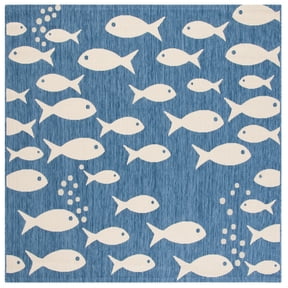 SAFAVIEH Courtyard Trena Fishes Indoor/Outdoor Area Rug, Blue/Beige, 7'10" x 7'10" Square