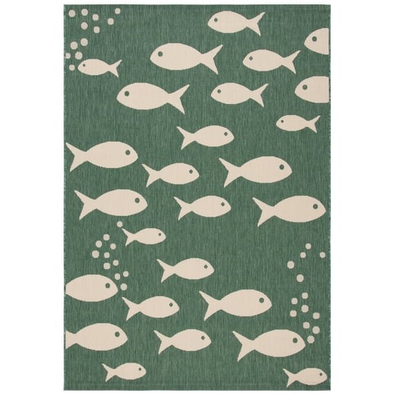 SAFAVIEH Courtyard Trena Fishes Indoor/Outdoor Area Rug, Dark Green/Ivory, 4' x 5'7"