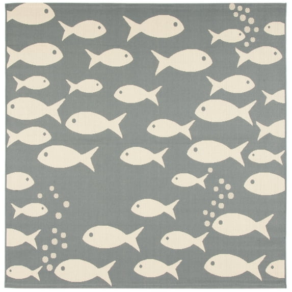 SAFAVIEH Courtyard Trena Fishes Indoor/Outdoor Area Rug, Dark Grey/Beige, 5'3" x 5'3" Square