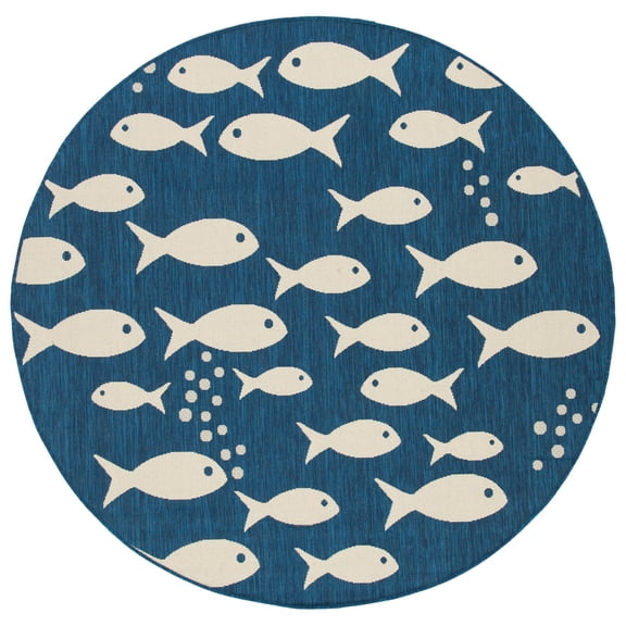 SAFAVIEH Courtyard Trena Fishes Indoor/Outdoor Area Rug, Navy/Beige, 4' x 4' Round