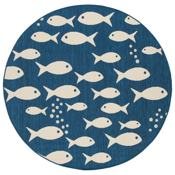 SAFAVIEH Courtyard Trena Fishes Indoor/Outdoor Area Rug, Navy/Beige, 4' x 4' Round