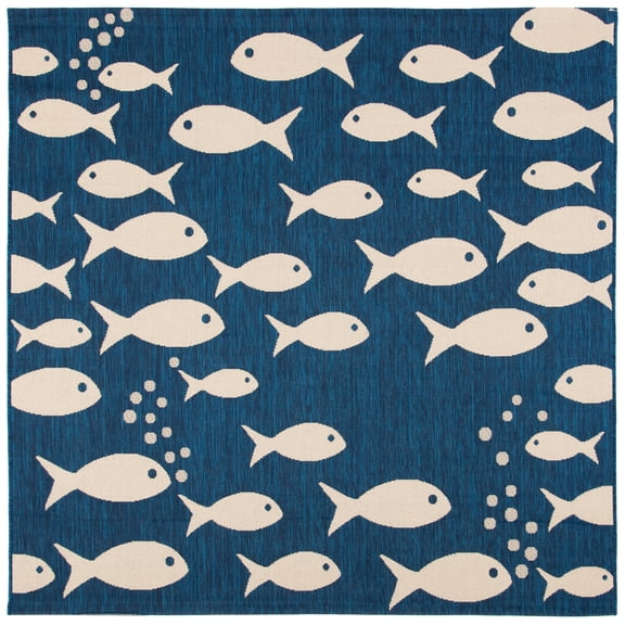 SAFAVIEH Courtyard Trena Fishes Indoor/Outdoor Area Rug, Navy/Beige, 4' x 4' Square