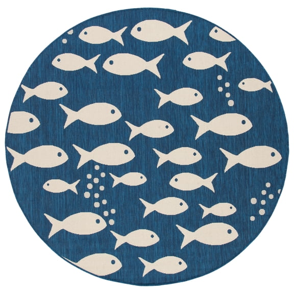 SAFAVIEH Courtyard Trena Fishes Indoor/Outdoor Area Rug, Navy/Beige, 5'3" x 5'3" Round