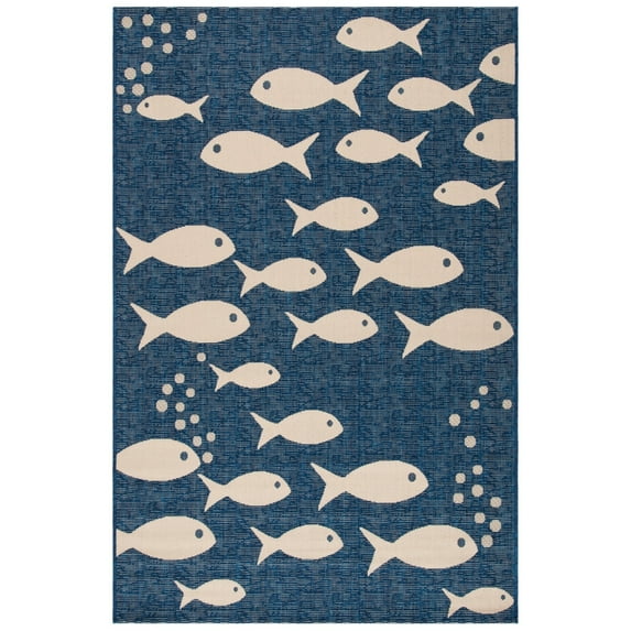 SAFAVIEH Courtyard Trena Fishes Indoor/Outdoor Area Rug, Navy/Beige, 5'3" x 7'7"