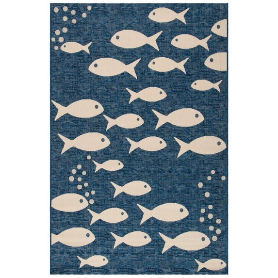 SAFAVIEH Courtyard Trena Fishes Indoor/Outdoor Area Rug, Navy/Beige, 6'7" x 9'6"