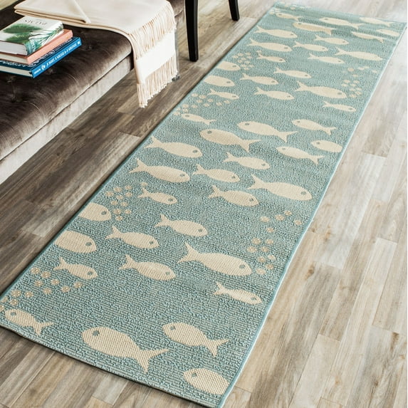 SAFAVIEH Courtyard Trena Fishes Indoor/Outdoor Runner Rug, Aqua/Beige, 2'3" x 6'7"