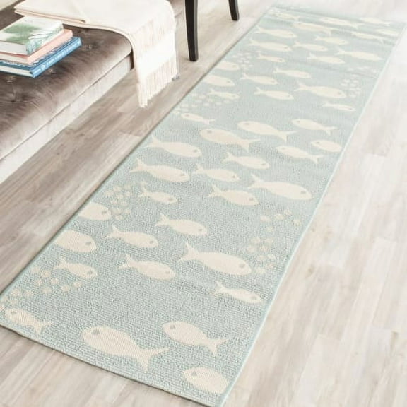 SAFAVIEH Courtyard Trena Fishes Indoor/Outdoor Runner Rug, Aqua/Beige, 2'3" x 8'