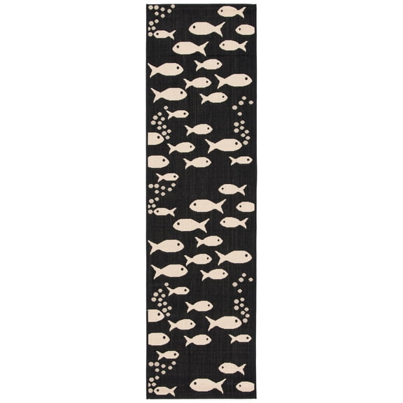 SAFAVIEH Courtyard Trena Fishes Indoor/Outdoor Runner Rug, Black/Beige, 2'3" x 14'
