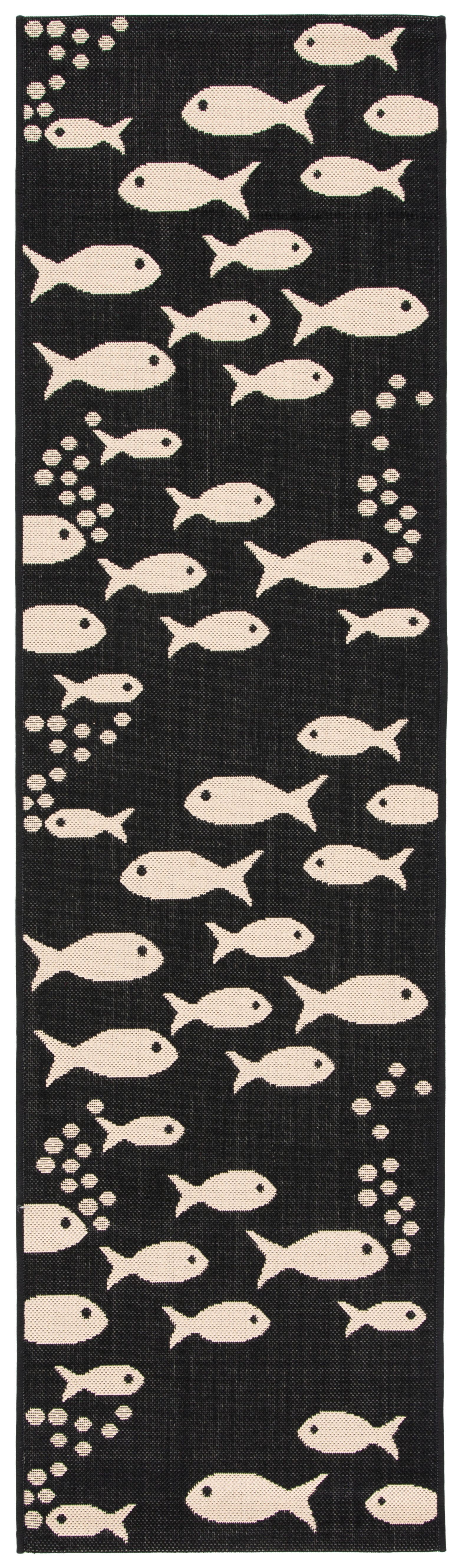 SAFAVIEH Courtyard Trena Fishes Indoor/Outdoor Runner Rug, Black/Beige, 2'3" x 6'7"