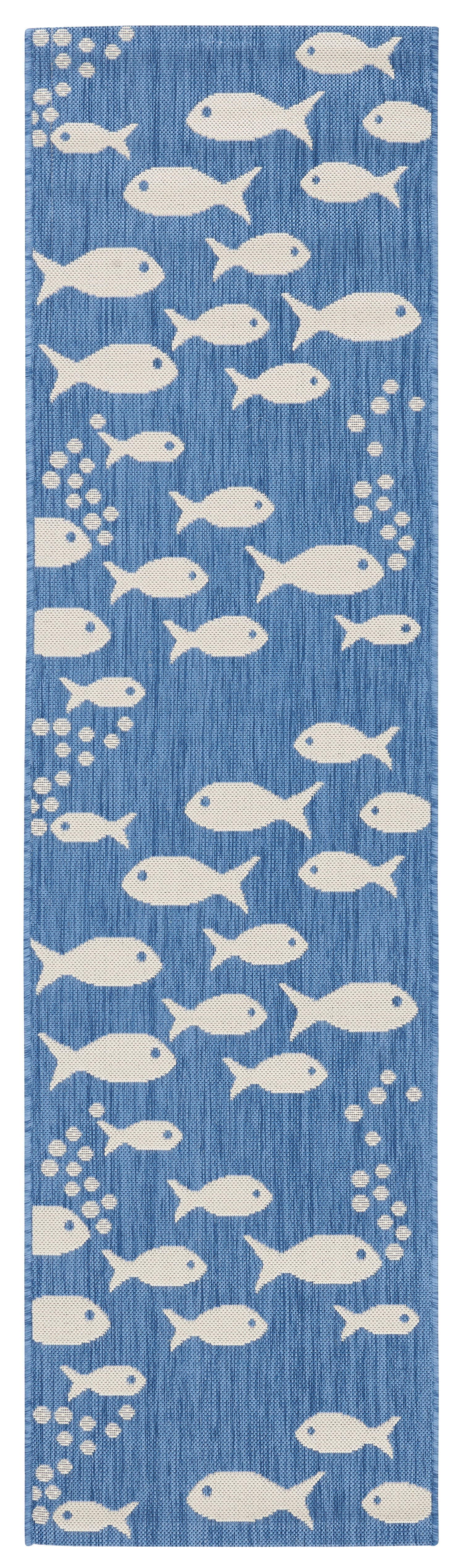 SAFAVIEH Courtyard Trena Fishes Indoor/Outdoor Runner Rug, Blue/Beige, 2'3" x 18'