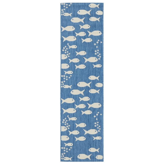 SAFAVIEH Courtyard Trena Fishes Indoor/Outdoor Runner Rug, Blue/Beige, 2'3" x 8'