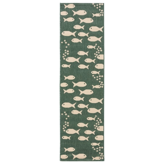 SAFAVIEH Courtyard Trena Fishes Indoor/Outdoor Runner Rug, Dark Green/Ivory, 2'3" x 14'